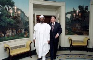 Hissène Habré with President Ronald Reagan, who considered Habré an ally against Qadaffi, 1987. / Courtesy of Ronald Reagan Presidential Library and Museum.